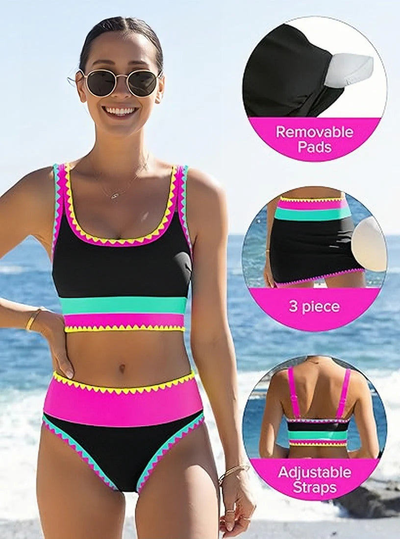 🔥🎁Novo: 50% POPUST🔥🌼 Tridelni najlonski športni bikini z barvnimi bloki - visok pas z učinkom vitkega trebuha 👙