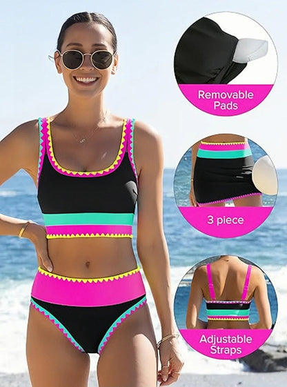 🔥🎁Novo: 50% POPUST🔥🌼 Tridelni najlonski športni bikini z barvnimi bloki - visok pas z učinkom vitkega trebuha 👙