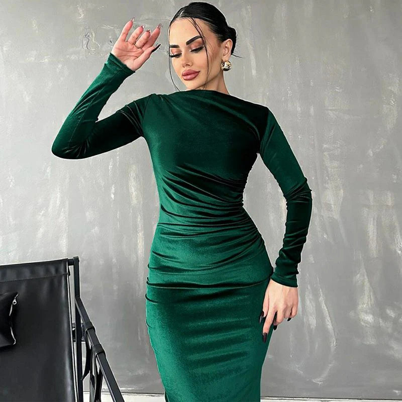 Ženska moda, ozka obleka z dolgimi rokavi, enobarvna