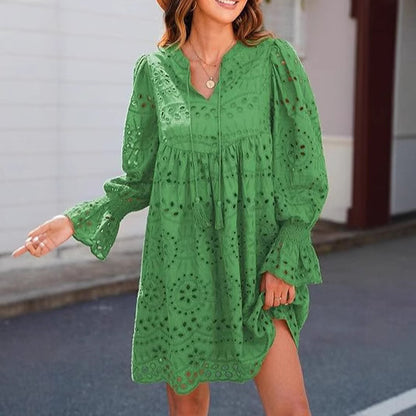 Novo v letu 2025 - Ženska ležerna čipkasta obleka z očesci