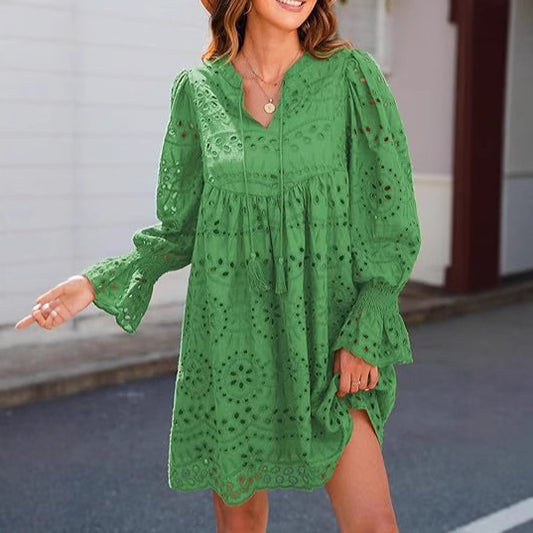 Novo v letu 2025 - Ženska ležerna čipkasta obleka z očesci