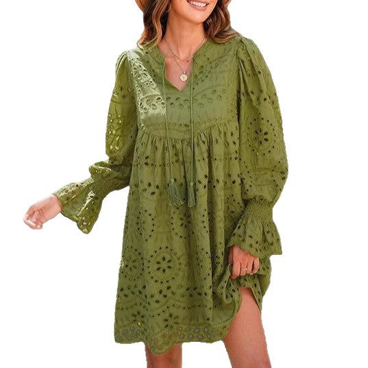 Novo v letu 2025 - Ženska ležerna čipkasta obleka z očesci