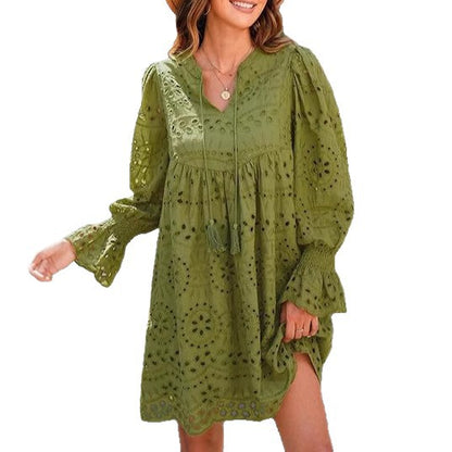 Novo v letu 2025 - Ženska ležerna čipkasta obleka z očesci