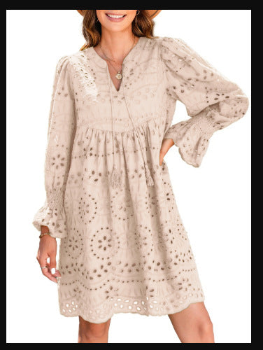 Novo v letu 2025 - Ženska ležerna čipkasta obleka z očesci