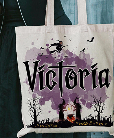 Platnena torba z motivom noči čarovnic - torbica z vzorcem in imenom