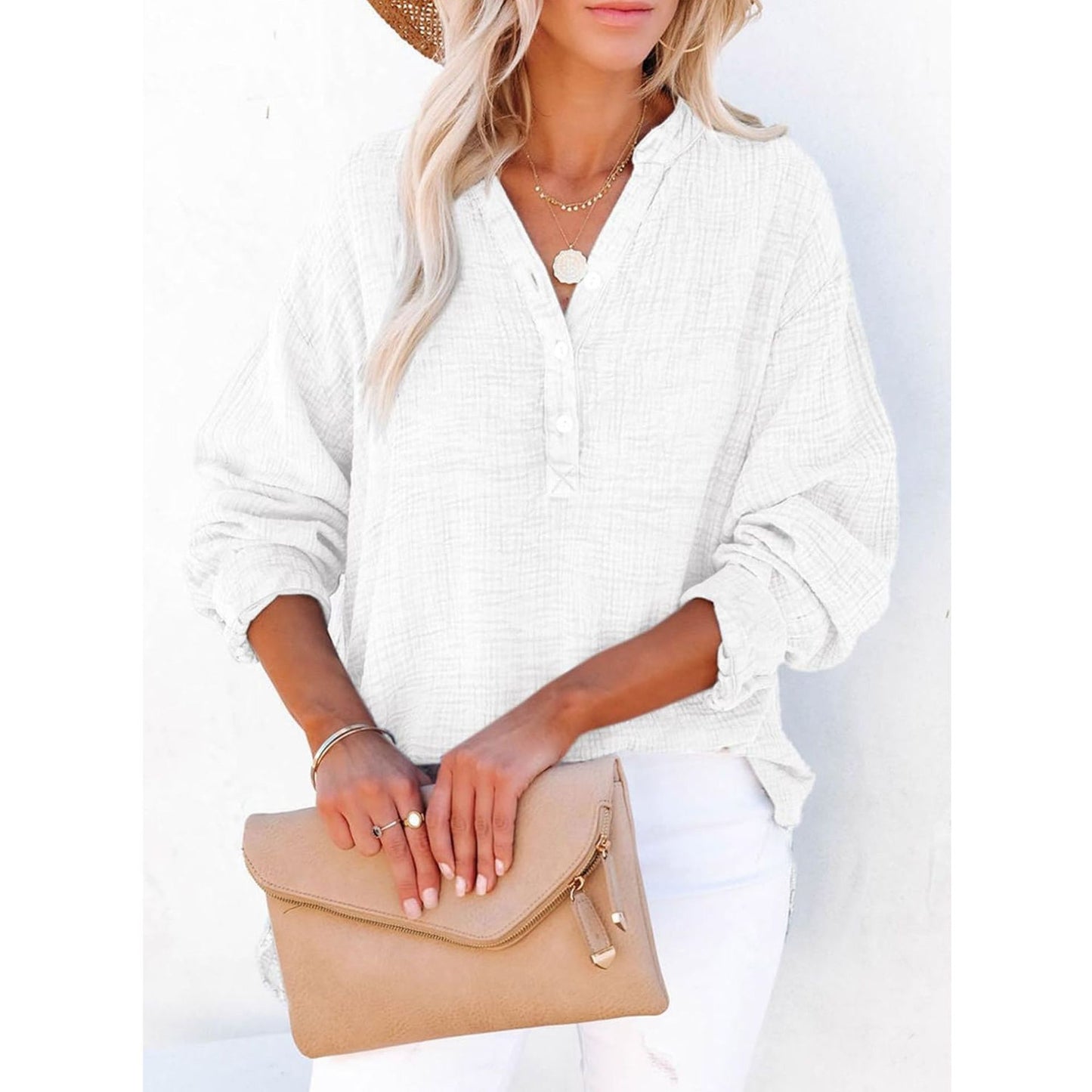 ?Womens Casual Button V Neck Long Sleeve Shirts Oversized Solid Blouses Tops