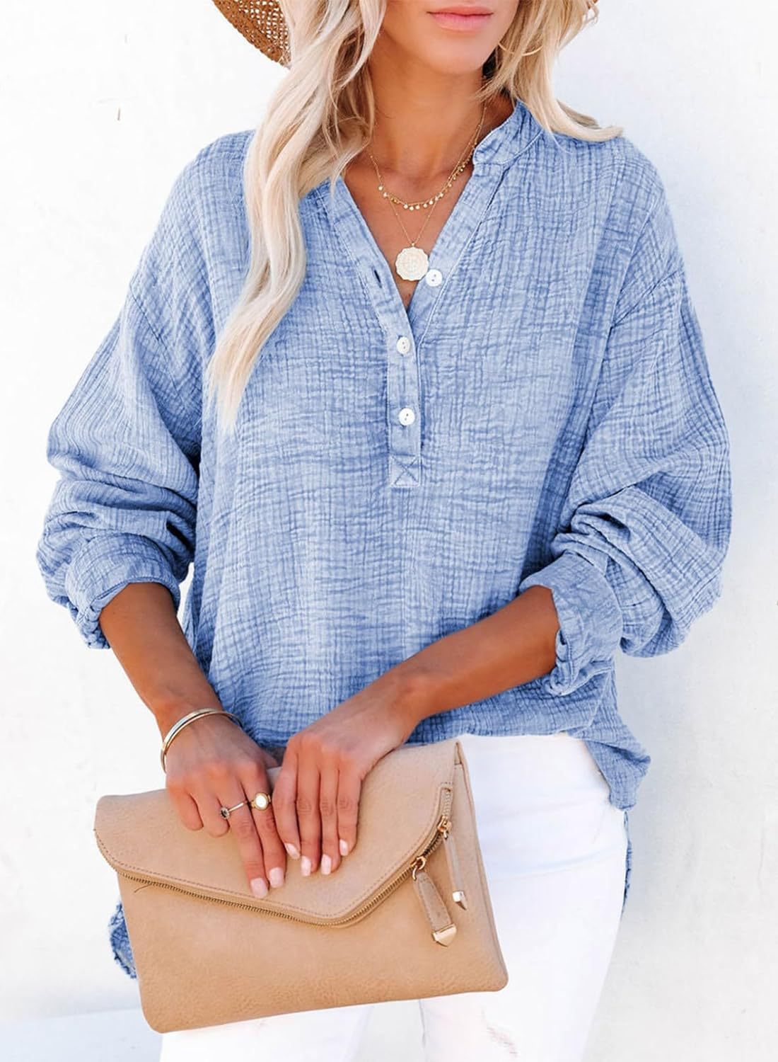 ?Womens Casual Button V Neck Long Sleeve Shirts Oversized Solid Blouses Tops