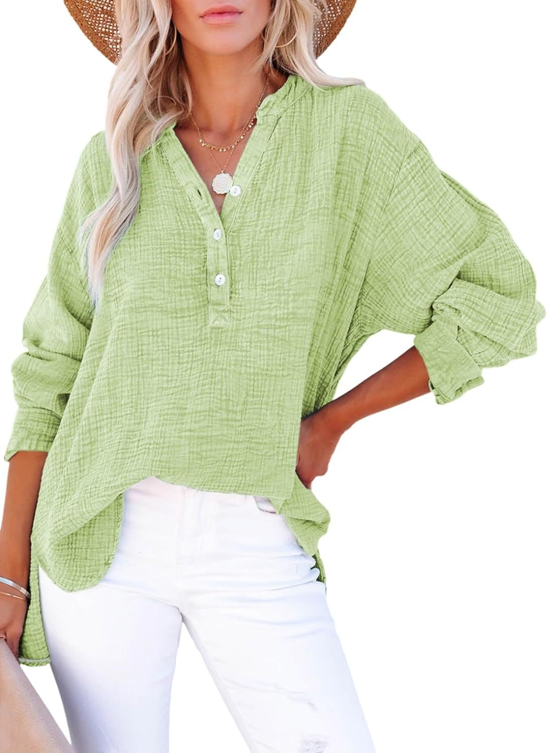 ?Womens Casual Button V Neck Long Sleeve Shirts Oversized Solid Blouses Tops
