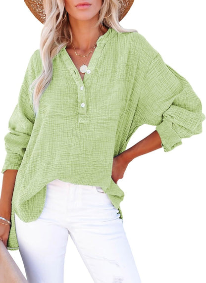 ?Womens Casual Button V Neck Long Sleeve Shirts Oversized Solid Blouses Tops