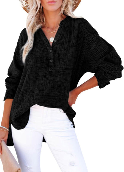 ?Womens Casual Button V Neck Long Sleeve Shirts Oversized Solid Blouses Tops