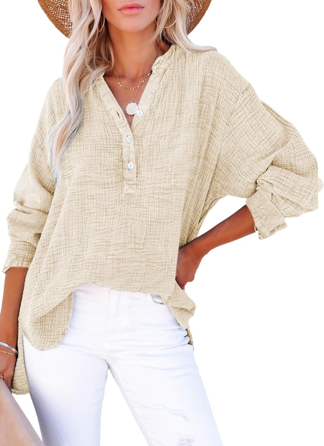 ?Womens Casual Button V Neck Long Sleeve Shirts Oversized Solid Blouses Tops