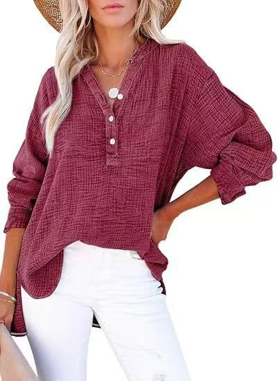 ?Womens Casual Button V Neck Long Sleeve Shirts Oversized Solid Blouses Tops