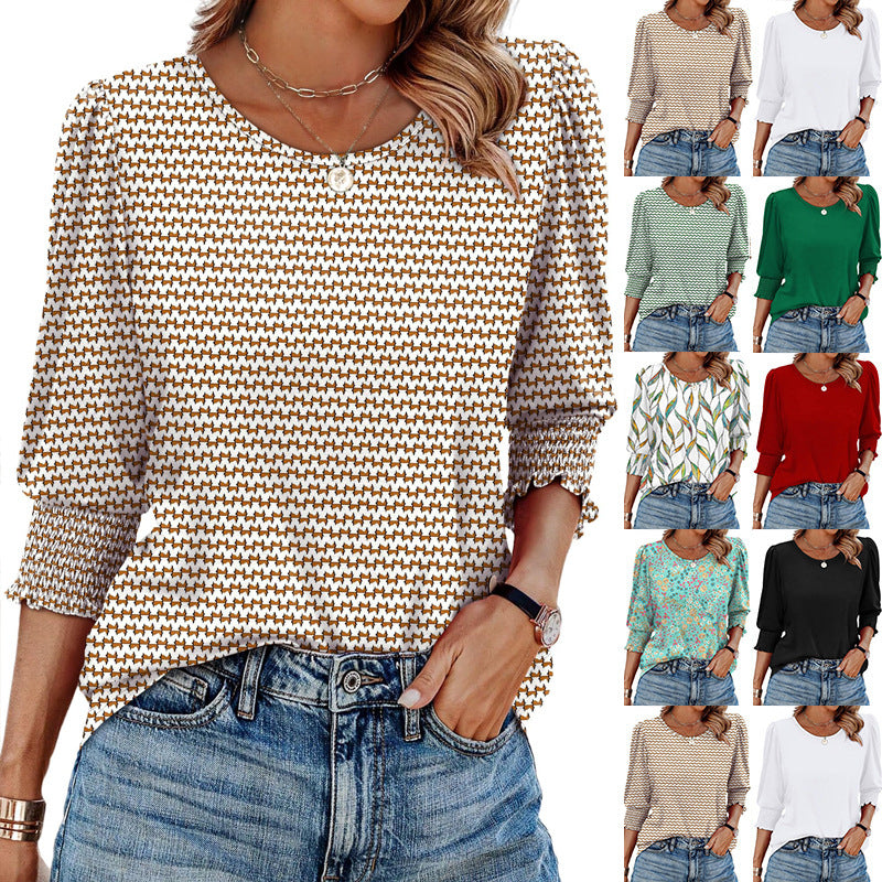 Bluze za ženske Elegantne ležerne ženske majice s 3/4 rokavi in zaobljenimi manšetami