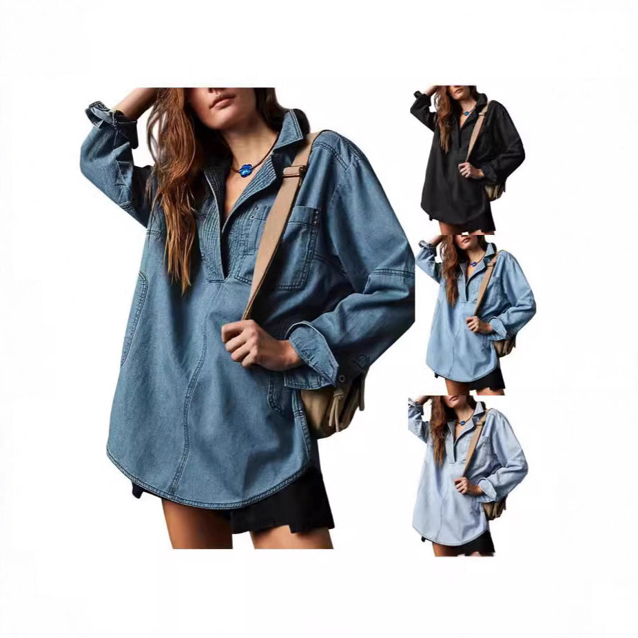 Šik in udoben pulover iz džinsa – V-izrez z gumbi + žepi za vsak dan!