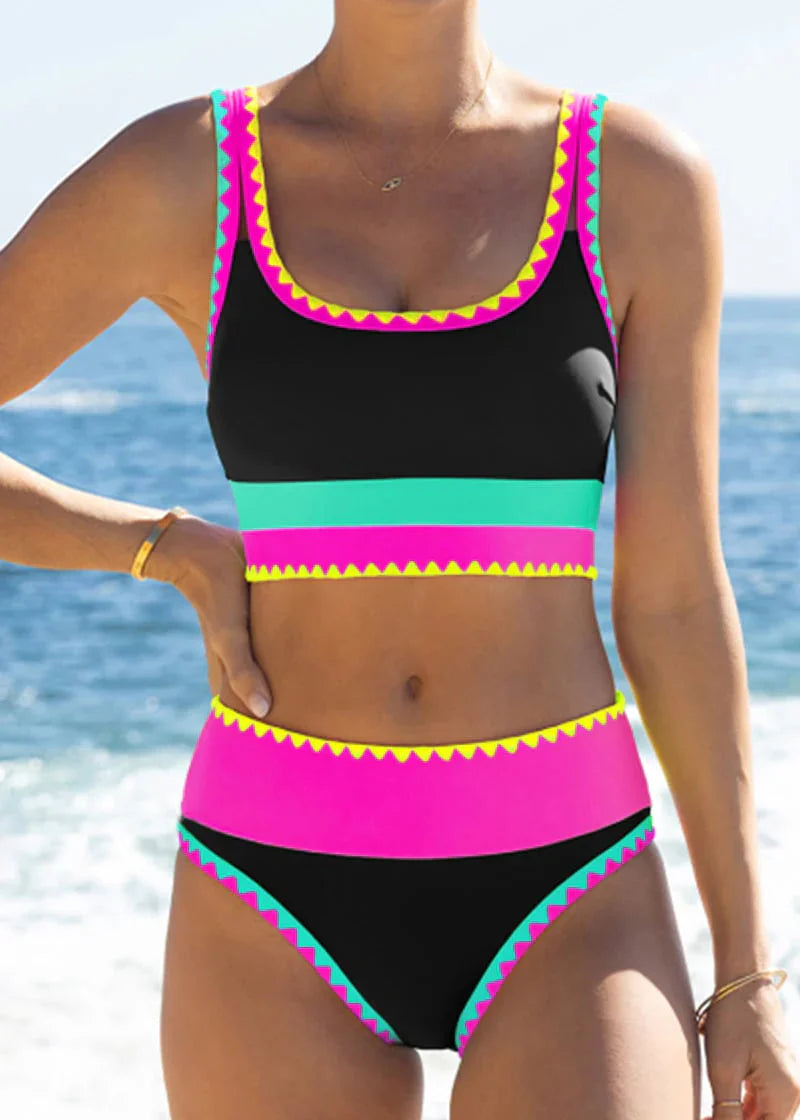 🔥🎁Novo: 50% POPUST🔥🌼 Tridelni najlonski športni bikini z barvnimi bloki - visok pas z učinkom vitkega trebuha 👙