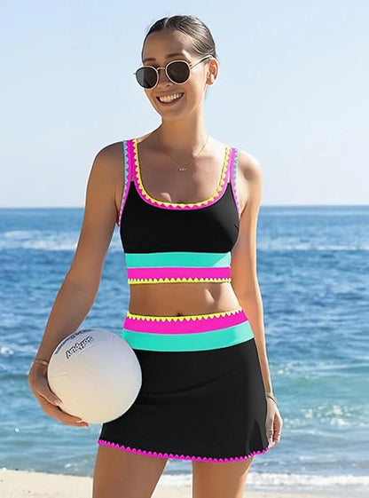 🔥🎁Novo: 50% POPUST🔥🌼 Tridelni najlonski športni bikini z barvnimi bloki - visok pas z učinkom vitkega trebuha 👙