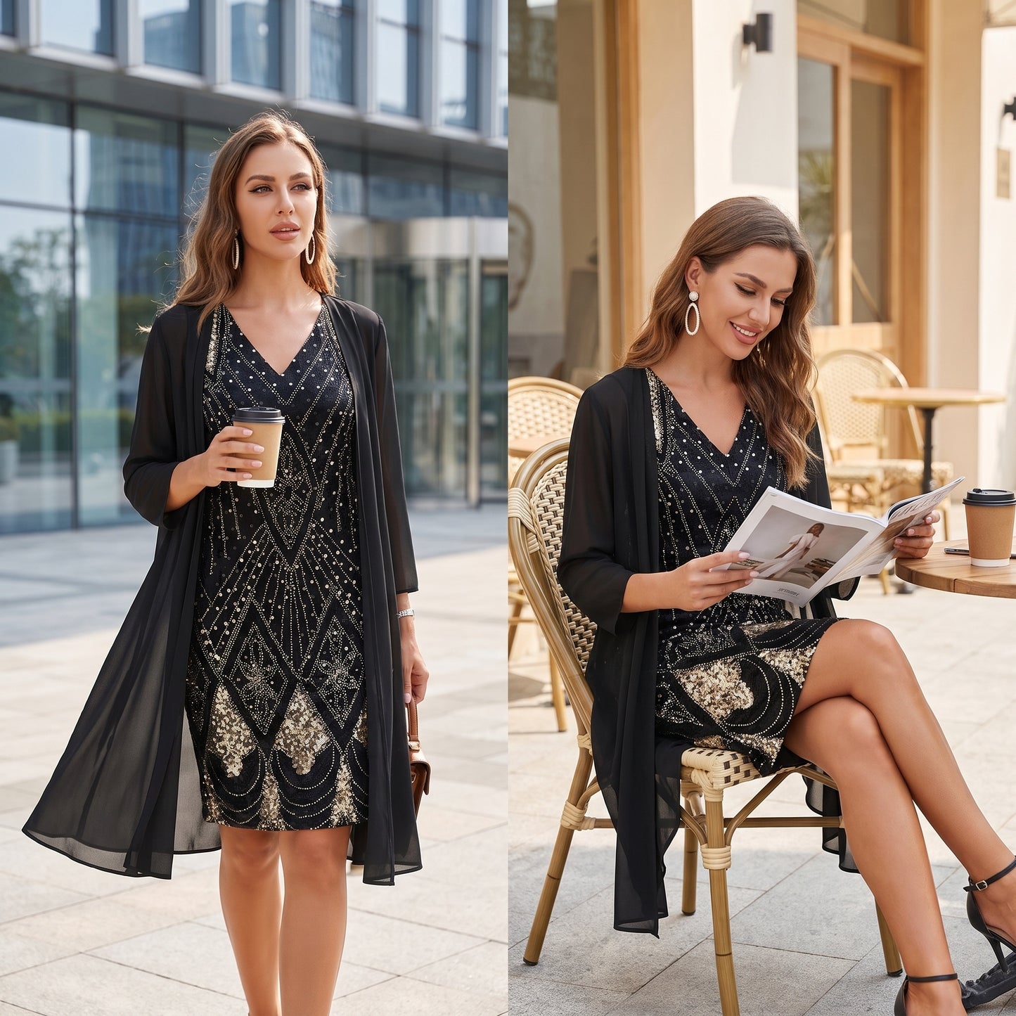 🌸 Šifonska obleka s 3D potiskom in prosojno jakno – poletna eleganca! ✨