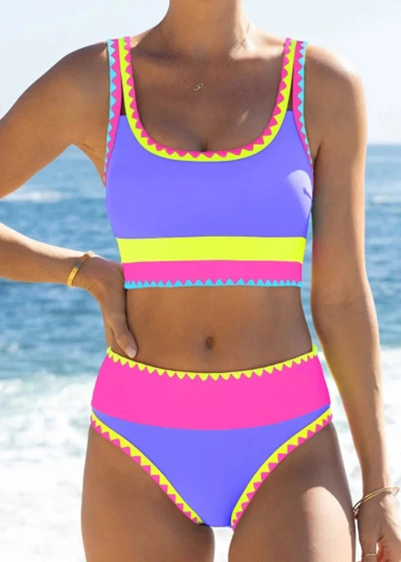 🔥🎁Novo: 50% POPUST🔥🌼 Tridelni najlonski športni bikini z barvnimi bloki - visok pas z učinkom vitkega trebuha 👙