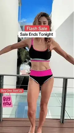 🔥🎁Novo: 50% POPUST🔥🌼 Tridelni najlonski športni bikini z barvnimi bloki - visok pas z učinkom vitkega trebuha 👙