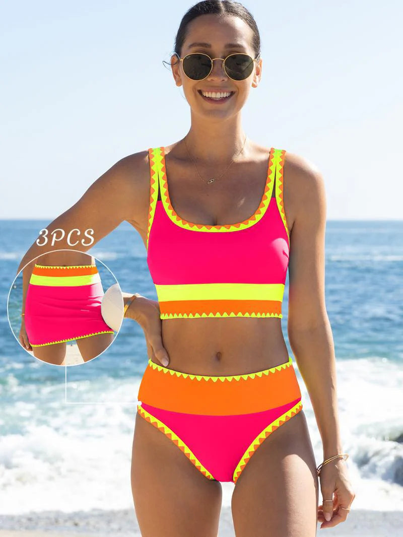 🔥🎁Novo: 50% POPUST🔥🌼 Tridelni najlonski športni bikini z barvnimi bloki - visok pas z učinkom vitkega trebuha 👙
