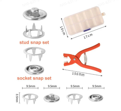 【🎀 Pogosto se uporablja za izdelavo otroških oblačil, slinčkov, kap ali daril】Komplet orodij za kovinske gumbe s kleščami za pritrjevanje