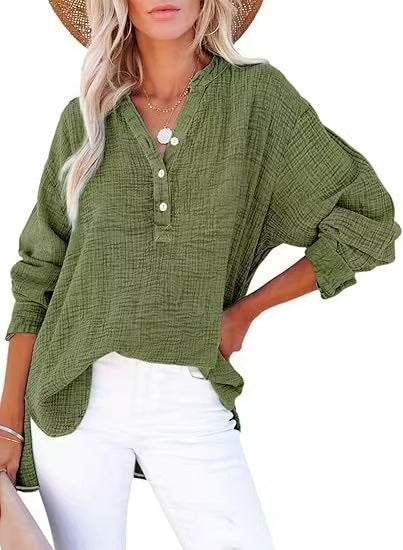 ?Womens Casual Button V Neck Long Sleeve Shirts Oversized Solid Blouses Tops
