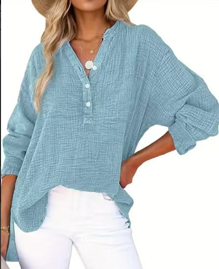 ?Womens Casual Button V Neck Long Sleeve Shirts Oversized Solid Blouses Tops