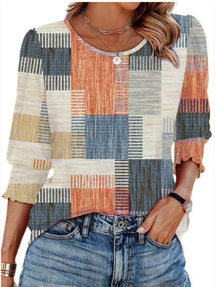 Bluze za ženske Elegantne ležerne ženske majice s 3/4 rokavi in zaobljenimi manšetami