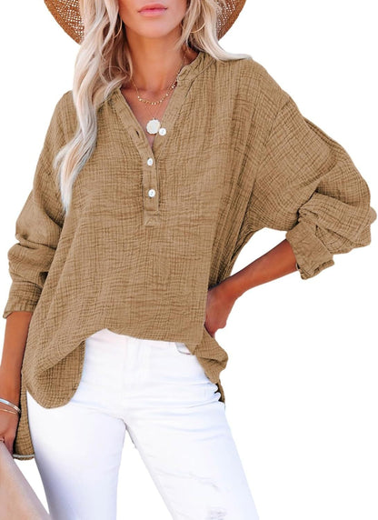 ?Womens Casual Button V Neck Long Sleeve Shirts Oversized Solid Blouses Tops