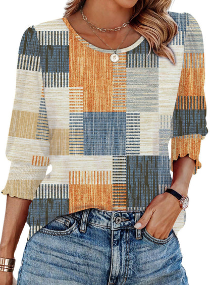 Bluze za ženske Elegantne ležerne ženske majice s 3/4 rokavi in zaobljenimi manšetami