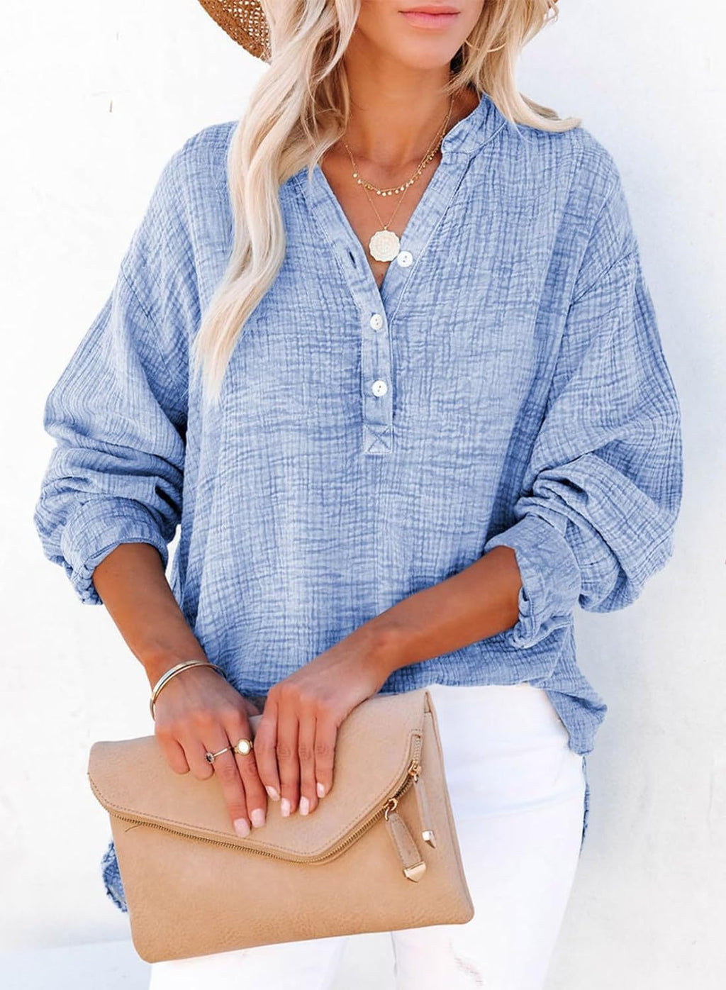 ?Womens Casual Button V Neck Long Sleeve Shirts Oversized Solid Blouses Tops