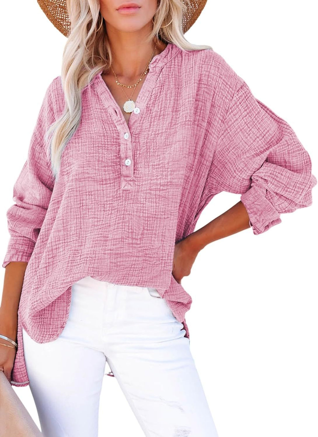 ?Womens Casual Button V Neck Long Sleeve Shirts Oversized Solid Blouses Tops