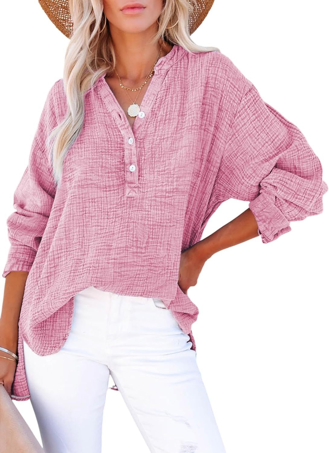 ?Womens Casual Button V Neck Long Sleeve Shirts Oversized Solid Blouses Tops