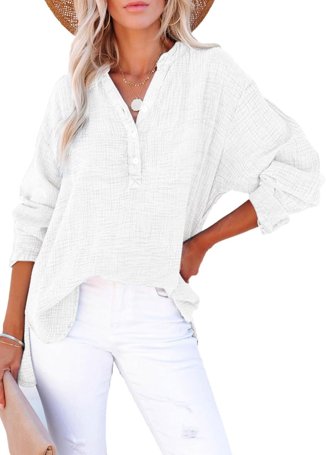 ?Womens Casual Button V Neck Long Sleeve Shirts Oversized Solid Blouses Tops