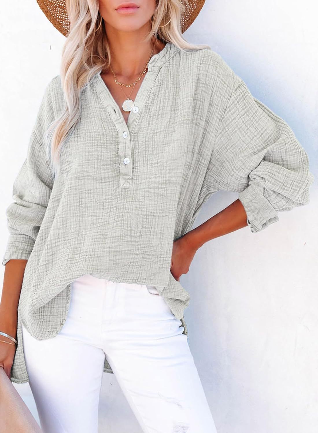 ?Womens Casual Button V Neck Long Sleeve Shirts Oversized Solid Blouses Tops