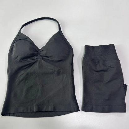 🧘♀️Športni komplet z nabranim topom brez rokavov in visoko elastičnimi fitnes hlačami za jogo, ki dvignejo zadnjico