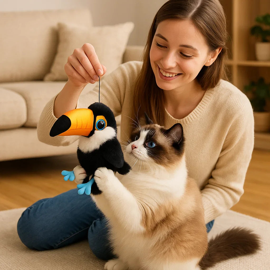 🐦 Plišasta simulacijska ptica – Realistični zvoki + Gibanje + Vadba za mačke! 🐱