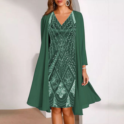 🌸 Šifonska obleka s 3D potiskom in prosojno jakno – poletna eleganca! ✨