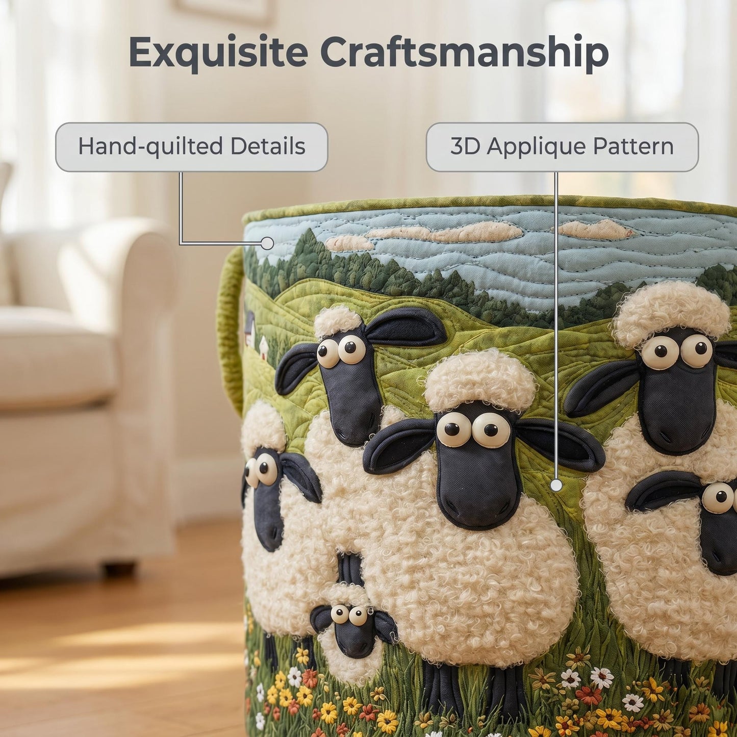 🐑 Kézzel varrt „Bárányparadicsom” mosókosár – extra nagy, összehajtható és dekoratív! 🧺